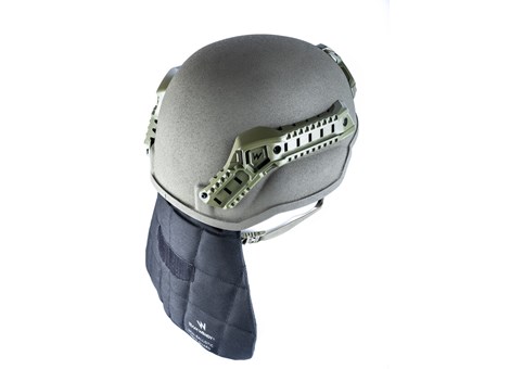 EPIC Ballistic Helmet Nape Guard Mounted on EPIC Protector Left Angle