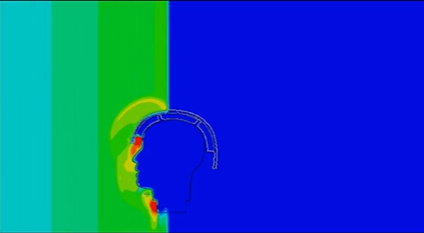 Still image of a video that shows the impact of a blast impact in the human head