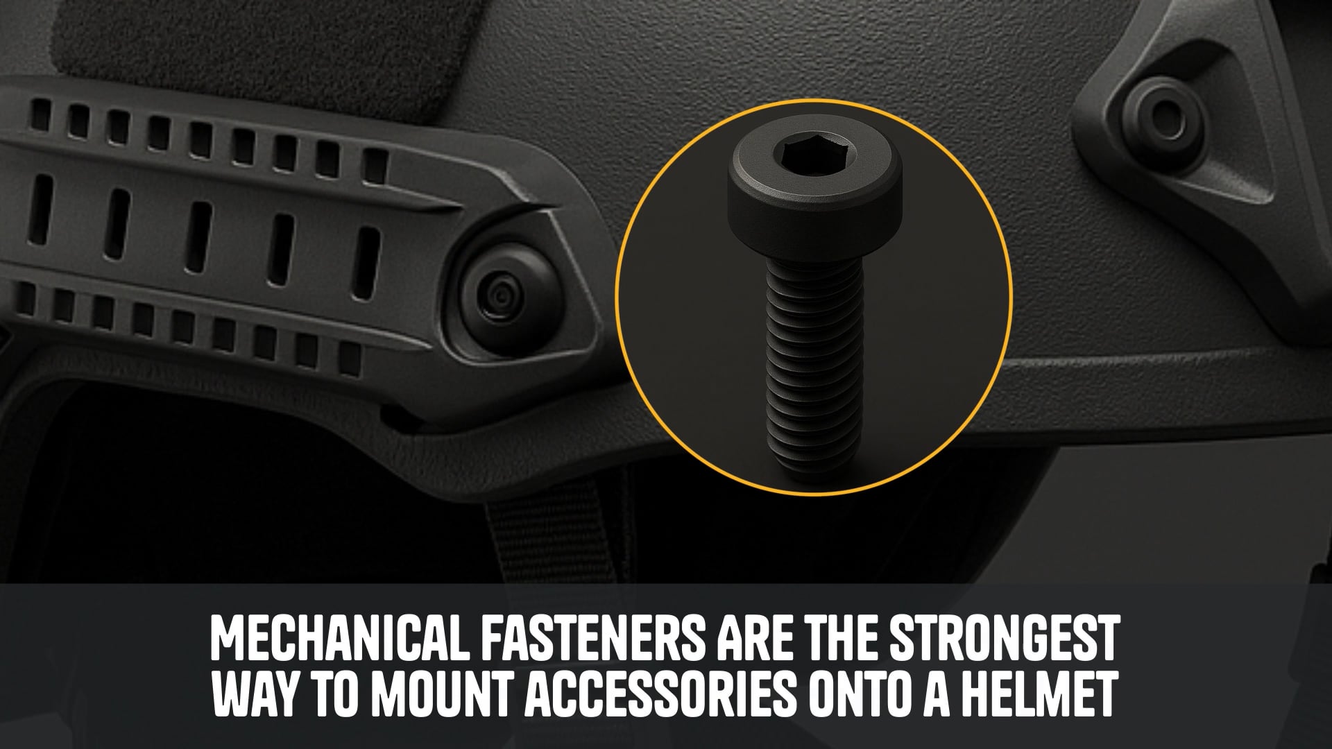 Close up image of a fastener on a Team Wendy RIFLETECH rifle-rated helmet. Overlayed text says