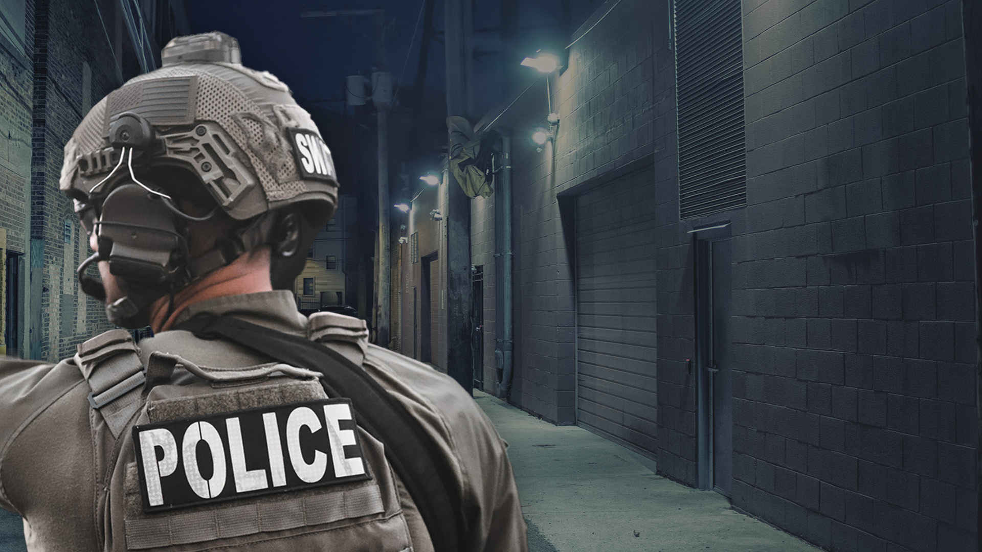 Image of the back of a police uniform and helmet